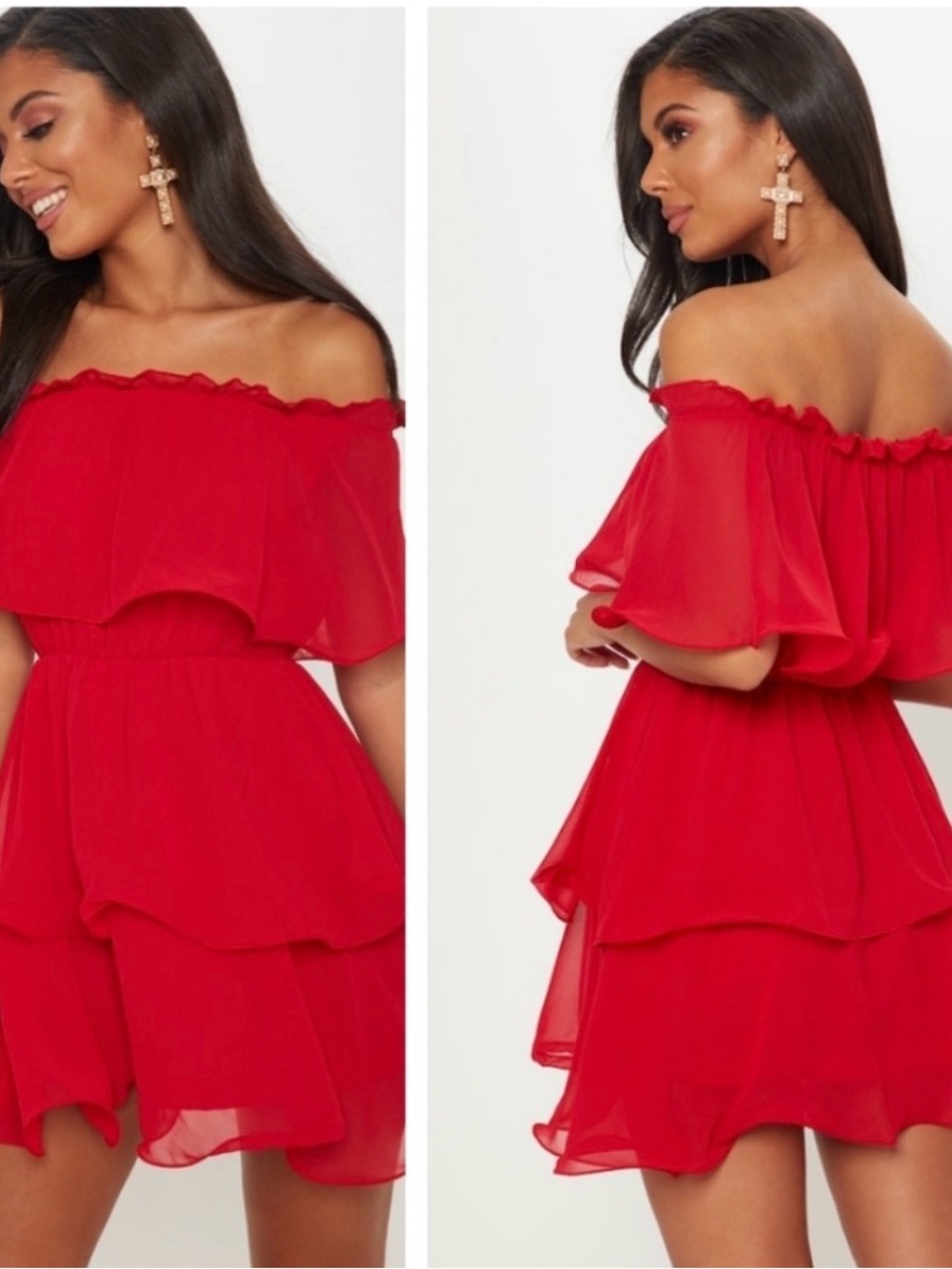 PrettyLittleThing Red Off-Shoulder Ruffle Tiered Mini Dress